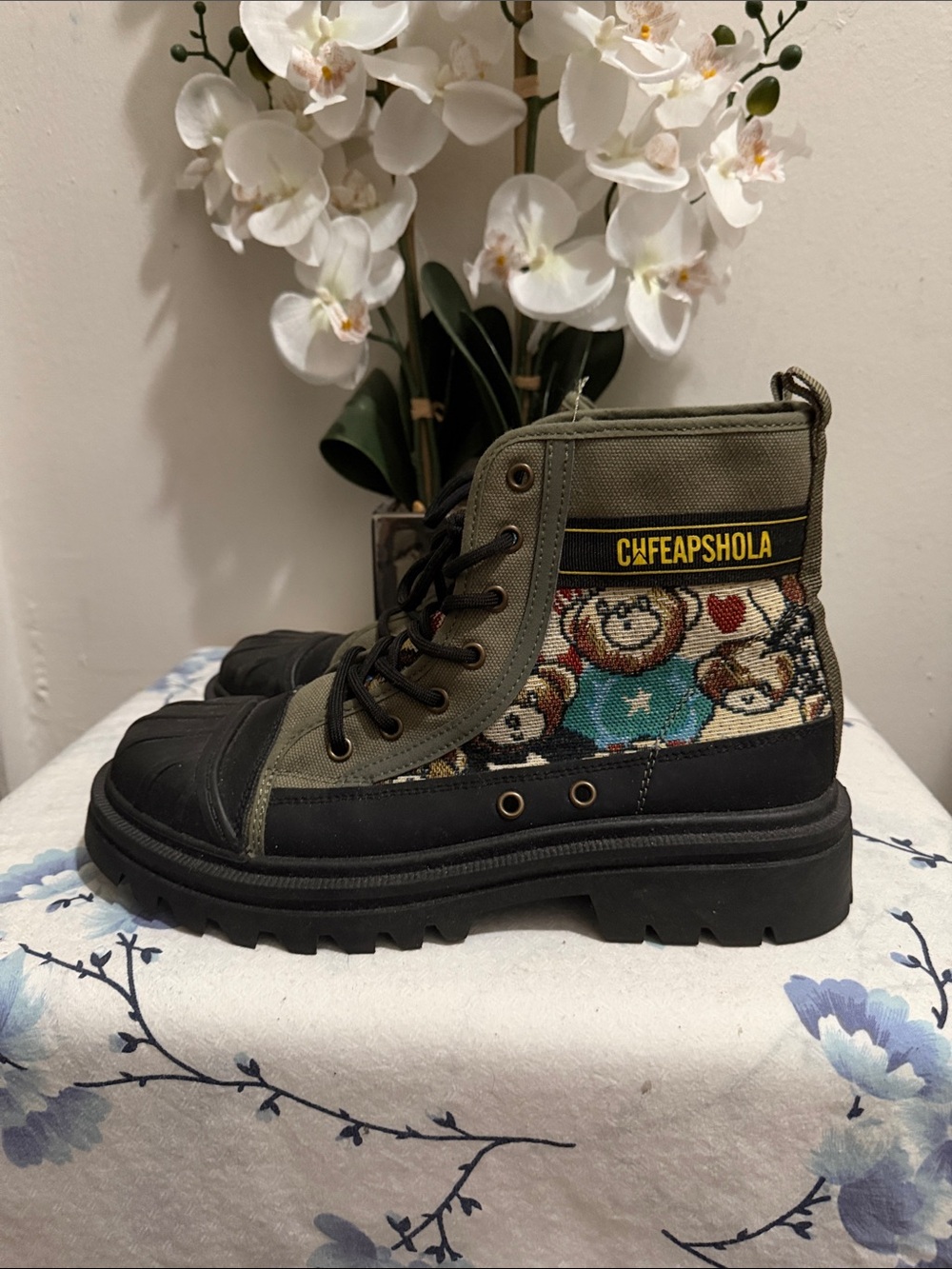 Patch-Accent Olive Canvas Combat Boot with Teddy Tapestry
